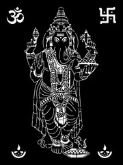 Sacred Illustration of Lord Ganesha with Om and Swastika Symbols