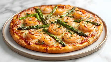 Gourmet shrimp and asparagus pizza on a ceramic plate, styled with rustic food photography, warm lighting, and appetizing textures for a culinary presentation.