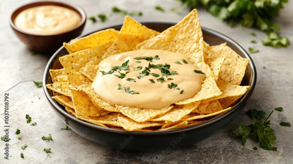 Poster a bowl of crunchy corn chips is generously covered with velvety cheese sauce and garnished with fres