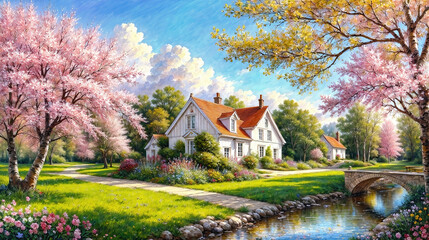 Idyllic countryside summer landscape with wooden old house near river, beautiful flowers and trees, oil painting on canvas.