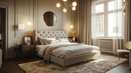 An elegant Scandinavian bedroom with a double bed an upholstered headboard