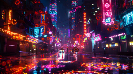 Fototapeta premium A futuristic city where the buildings are made of giant crystals, glowing in shades of blue and purple. The streets are rivers of flowing light