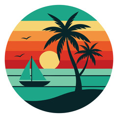 Tropical Summer Vacation T-Shirt Design with Palm Trees and Sunset