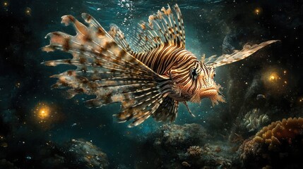 Striking Lionfish Swimming in Ocean Depths