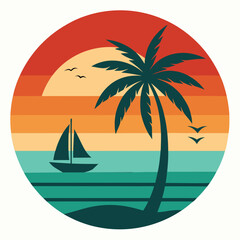 Tropical Summer Vacation T-Shirt Design with Palm Trees and Sunset