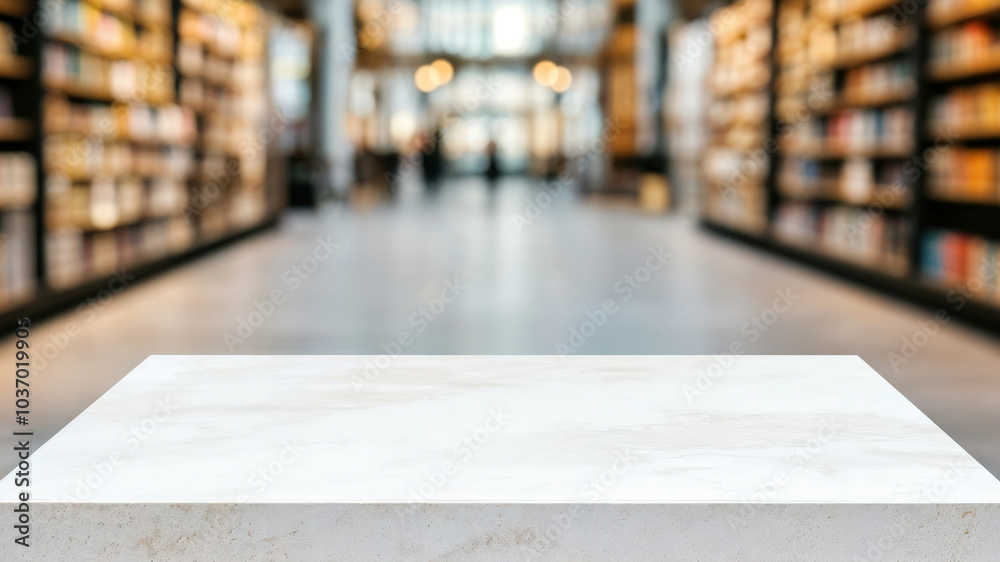 Poster empty white marble table top with blurred bookshelves background at book store