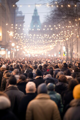 A crowded city street illuminated with Christmas lights.