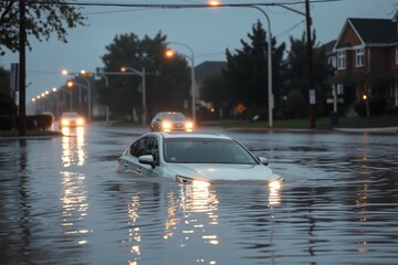 Flooded street with submerged car at dusk.generative AI
