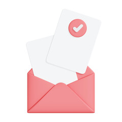 Pink envelope containing two cards, one with a checkmark symbol, representing approval, acceptance, or confirmation. 3D render illustration