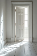 A white door opens to sunlight in a serene room with wooden floors and soft shadows