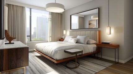 An urban comfort Scandinavian bedroom with a double bed a sleek headboard