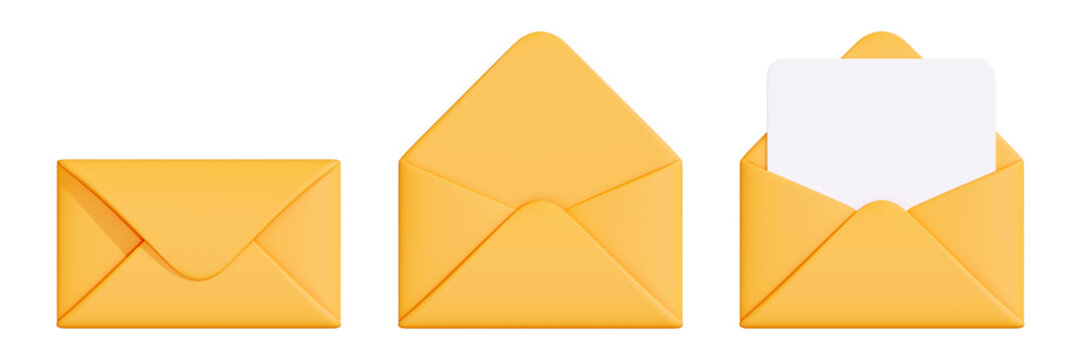 Sequence showing closed, partially open, and open yellow envelopes with a white card inside, representing communication stages. 3D render illustration