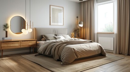 Obraz premium An urban comfort Scandinavian bedroom featuring a double bed with a sleek headboard bedside tables