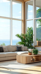 Fototapeta premium Cozy living room with large windows overlooking a serene ocean view in bright daylight