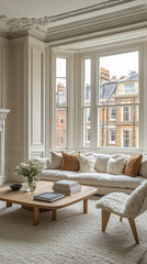 Fototapeta premium Cozy living room featuring large windows and minimalist decor in an urban apartment