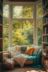Cozy reading nook with beautiful views of greenery and sunlight streaming through windows