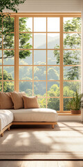 Sunlit living room with large windows revealing a serene mountain landscape in the background