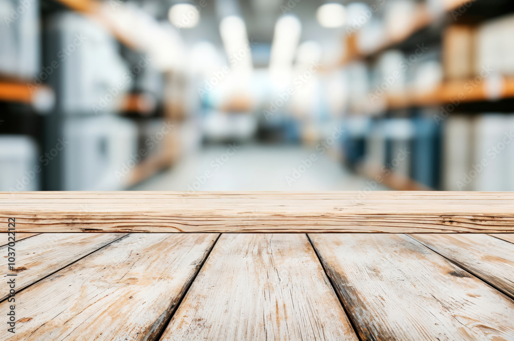 Poster empty wooden table top with blurred electronic store background