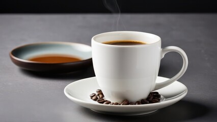 A sleek white cup holds freshly brewed coffee on a matching saucer against a smooth gray background. The scene captures a tranquil coffee moment.