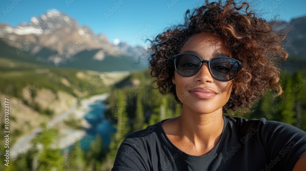 Wall mural a trendy woman wearing sunglasses and a black top enjoys a scenic view of a lush mountainous area wi