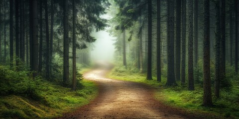Obraz premium Bright and misty forest path in the morning light surrounded by tall trees