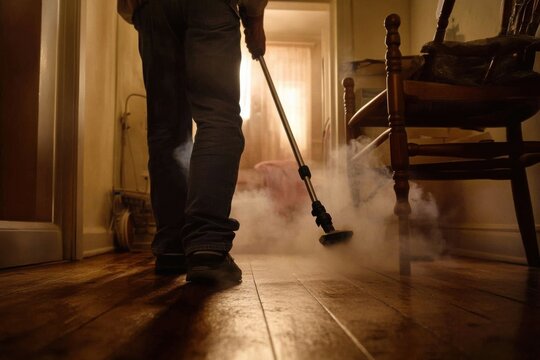 A close-up of a pest control technician using a fumigation device to treat a home's interior, with smoke filling the air and pests fleeing the area