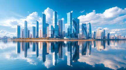 Obraz premium Modern city skyline with glass skyscrapers by a waterfront, reflecting calm water under a clear blue sky with panoramic urban architectural views.