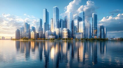 Modern city skyline with glass skyscrapers by a waterfront, reflecting calm water under a clear blue sky with panoramic urban architectural views.