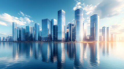 Fototapeta premium Modern city skyline with glass skyscrapers by a waterfront, reflecting calm water under a clear blue sky with panoramic urban architectural views.