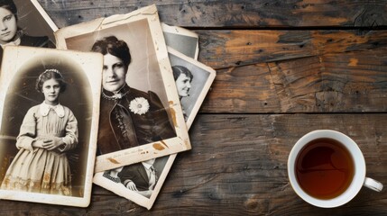 Nostalgic Sepia-Toned Photographs on Rustic Wood with Tea Cup - Vintage Memories of Bygone Era