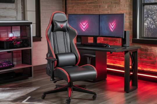 A high-tech gaming room with RGB lighting, dual monitors, and a sleek gaming chair, surrounded by futuristic decor and glowing LED strips - Powered by Adobe