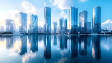 Modern city skyline with glass skyscrapers by a waterfront, reflecting calm water under a clear blue sky with panoramic urban architectural views.