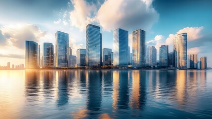 Fototapeta premium Modern city skyline with glass skyscrapers by a waterfront, reflecting calm water under a clear blue sky with panoramic urban architectural views.