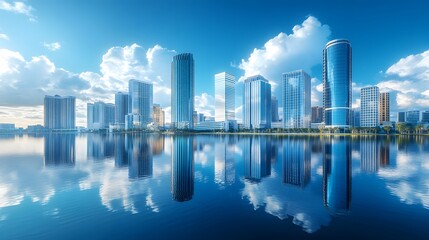 Modern city skyline with glass skyscrapers by a waterfront, reflecting calm water under a clear blue sky with panoramic urban architectural views.