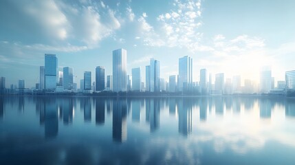 Fototapeta premium Modern city skyline with glass skyscrapers by a waterfront, reflecting calm water under a clear blue sky with panoramic urban architectural views.
