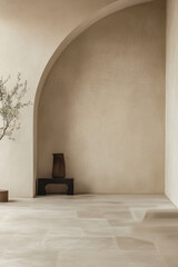 Minimalist interior design with arch and natural elements in a serene living space