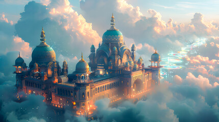 Majestic floating citadel, a magnificent fortress suspended in the sky by unknown forces. Show the intricate architecture, grand halls, and bustling life within, as well as the breathtaking view from