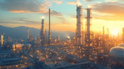 Fototapeta premium Oil refinery complex with towering distillation columns and gleaming metal structures under a clear sky, highlighting industrial architecture at golden hour.