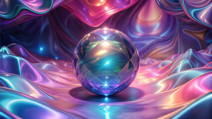 Iridescent sphere on fluid surface, colorful reflections, abstract design
