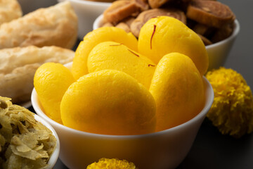 Rajbhog or kesar bati is a traditional Bengali sweet Rasgulla made using paneer or chena and flavoured with saffron and rose essence