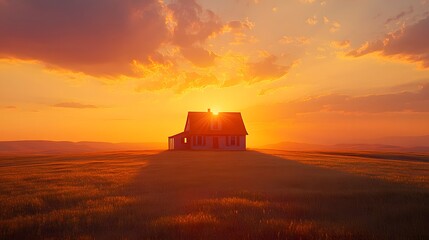 Fototapeta premium Solitary farmhouse on a vast golden prairie under a dramatic sunset sky with vibrant orange and pink hues, featuring rolling fields and an expansive horizon.