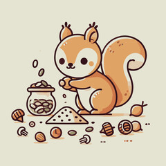 adorable cartoon squirrel collecting seeds and nuts