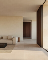 Minimalist living room interior with natural light and modern design elements in a tranquil space