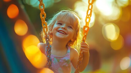Joyful Moments: A Little Girl Beaming with Happiness on a Swing as the Sun Sets, Capturing the Essence of Childhood Joy and Nostalgia in a Magical Playground Setting