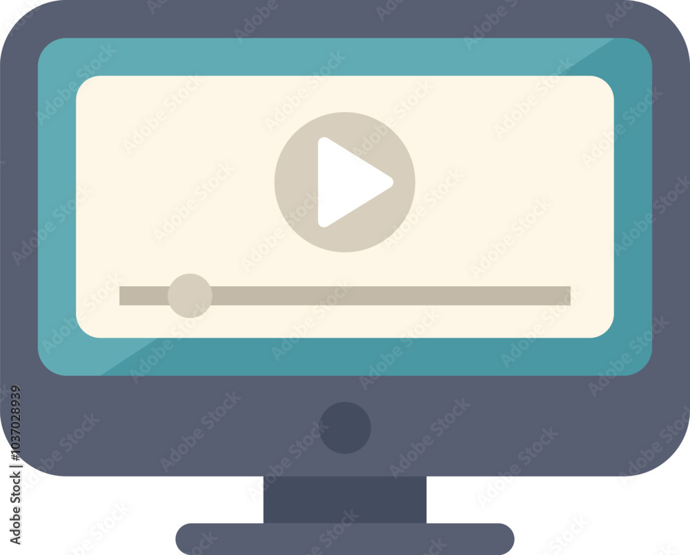 Poster desktop computer screen displaying a video player with a play button, timeline, and volume control