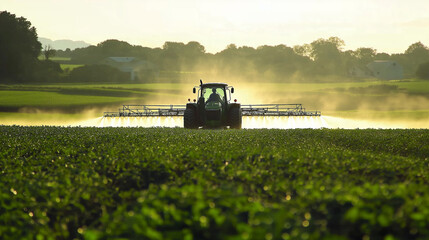 Naklejka premium Farming tractor spraying plants in a field, Ai