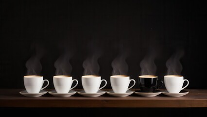 Obraz premium Four steaming cups of coffee sit on saucers, set against a dark background. The warm aroma rises, inviting a cozy moment of relaxation and enjoyment.