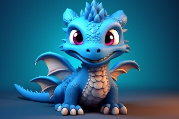 Fototapeta premium A Cute blue baby dragon in an isolated background. 3d cartoon character. AI generated