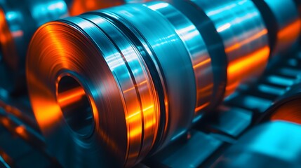 Obraz premium Glowing hot steel coils in an industrial factory with blue and orange contrasts, highlighting metalworking precision and dramatic lighting.