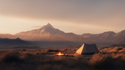 A quiet, minimalist campsite with a single tent, neutral-colored gear, and a small fire pit, surrounded by mountains and soft evening light.